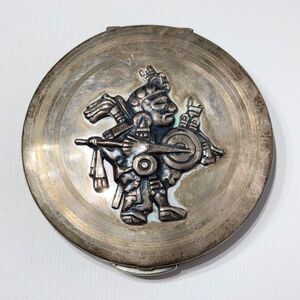 Vintage 1960s Mexico Peru Aztec Maya 3" Silver Makeup Powder Compact Rare (A3)